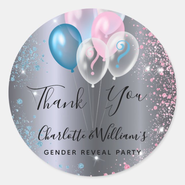 Gender reveal party boy girl blue pink silver classic round sticker (Front)