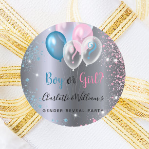 Gender reveal party boy girl blue pink silver classic round sticker