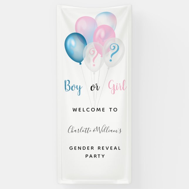 Gender reveal party boy girl blue pink white banner (Vertical)