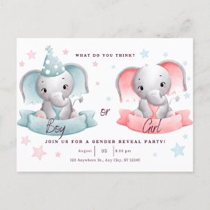 gender reveal party cute elephant,he or she postcard