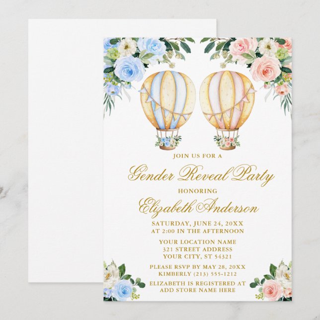 Gender Reveal Party Floral Hot Air Balloons Invitation (Front/Back)