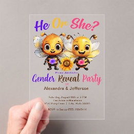Gender Reveal Party He or She Baby Bee Shower Acrylic Invitations