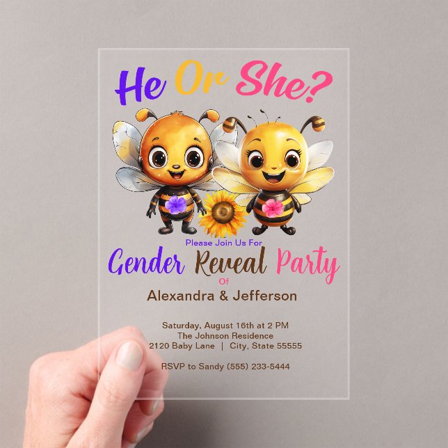 Gender Reveal Party He or She Baby Bee Shower Acrylic Invitations (Insitu (Handheld))