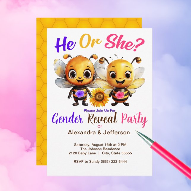 Gender Reveal Party He or She Baby Bee Shower Invitation (Gender Reveal Party He or She Baby Bee Shower Invitation)