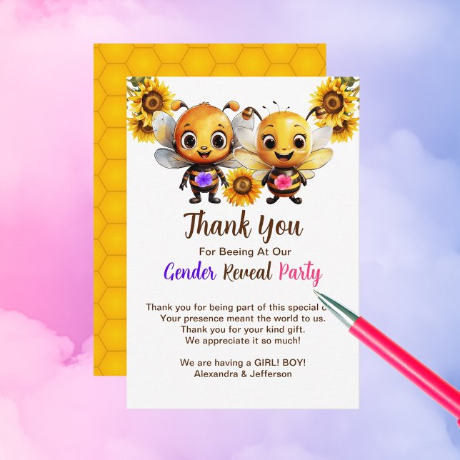 Gender Reveal Party He or She Baby Bee Shower Thank You Card (Gender Reveal Party He or She Baby Bee Shower Thank You Card)