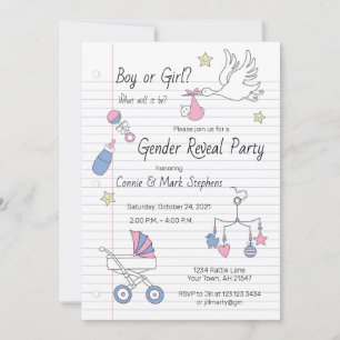 Gender Reveal Party Invitation notebook paper