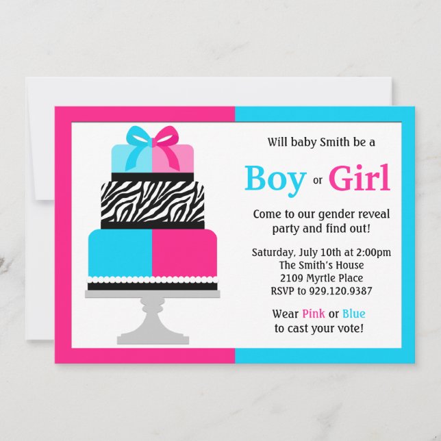 Gender Reveal Party Invitation Pink Blue Cake (Front)