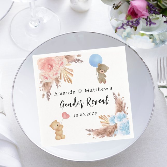Gender reveal party pampas teddy bear boy girl napkin (Creator Uploaded)
