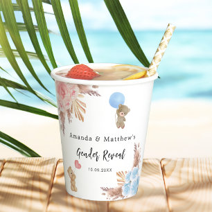 Gender reveal party pampas teddy bear boy girl paper cups