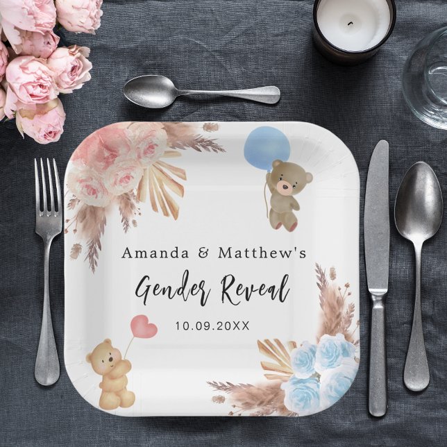 Gender reveal party pampas teddy bear boy girl paper plate (Creator Uploaded)