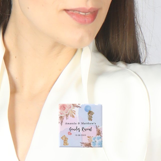 Gender reveal party pampas teddy bear pink blue 15 cm square badge (Creator Uploaded)