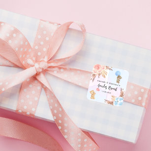 Gender reveal party pampas teddy bear pink blue square sticker