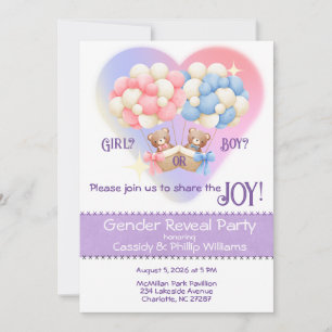 Gender Reveal Party Pink & Blue Bears & Balloons Invitation