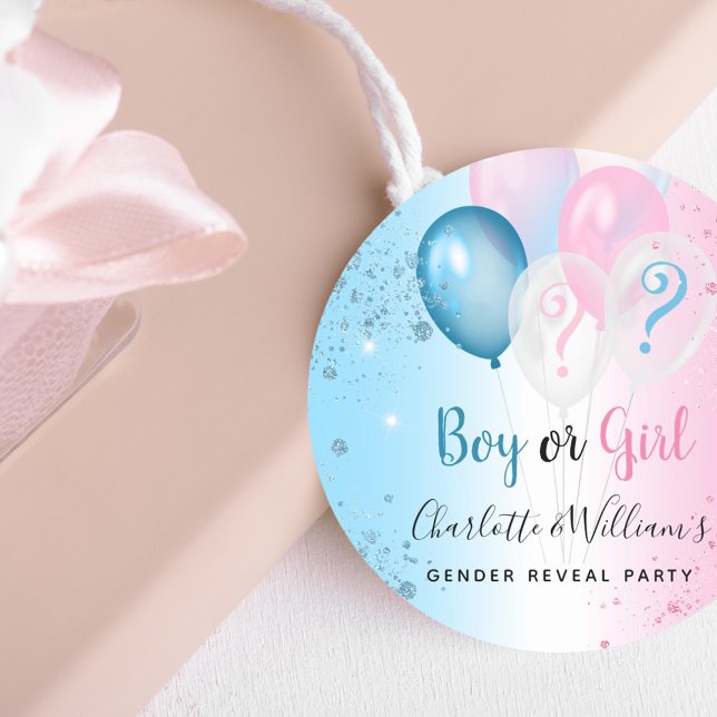 Gender reveal party pink blue boy girl balloons classic round sticker (Creator Uploaded)