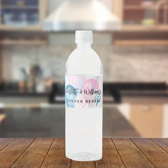 Gender reveal party pink blue boy girl balloons water bottle label (Creator Uploaded)