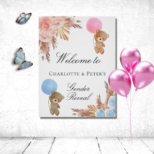 Gender reveal party teddy bear pampas grass couple poster