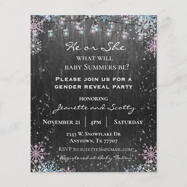 Gender Reveal Party Winter Snowflake Wood Lights I Flyer (Front)