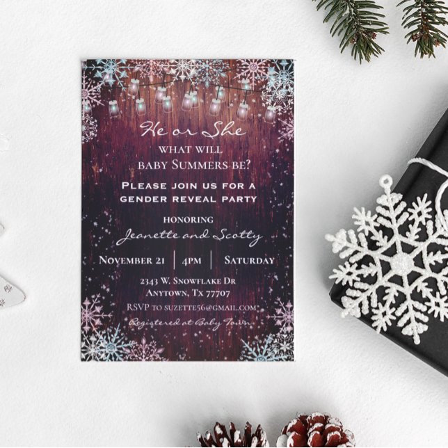 Gender Reveal Party Winter Snowflake Wood Lights Invitation (Creator Uploaded)