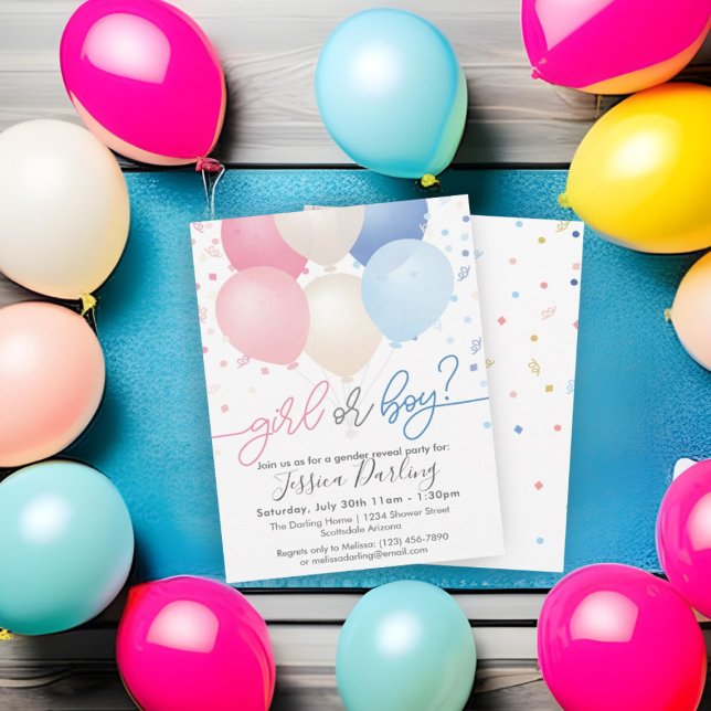 Gender Reveal Pink and Blue Balloons and Confetti Invitation (Creator Uploaded)