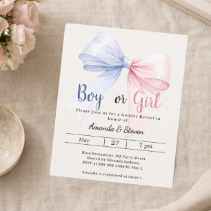 Gender reveal pink blue bow ivory invitation