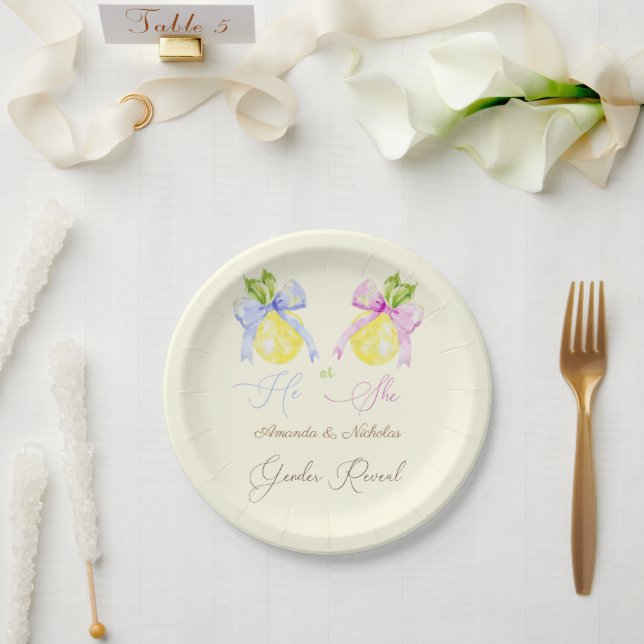 Gender Reveal Pink Blue Bow Lemon  Paper Plate (Wedding)