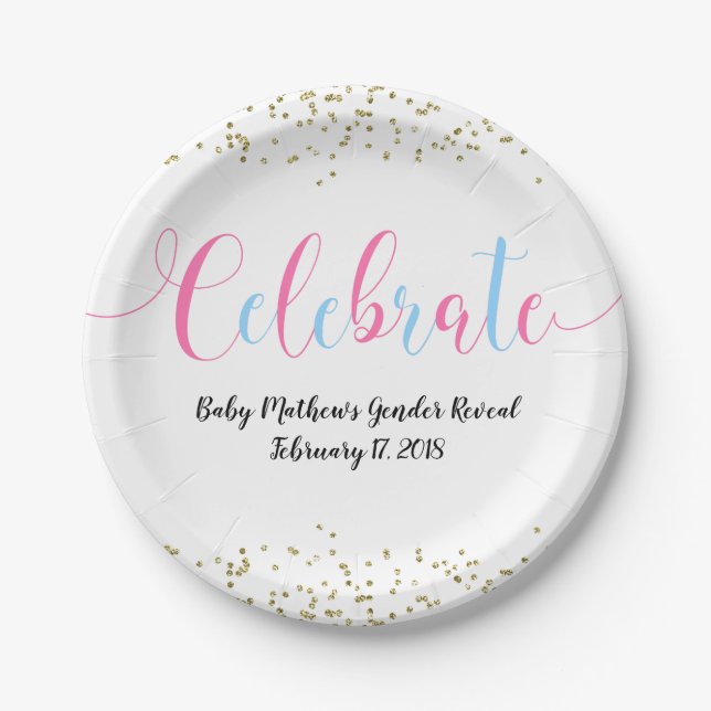 Gender Reveal Pink Blue Celebrate Gold Confetti Paper Plate (Front)