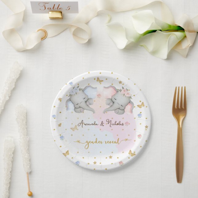 Gender Reveal Pink Blue Floral Elephant Paper Plate (Wedding)