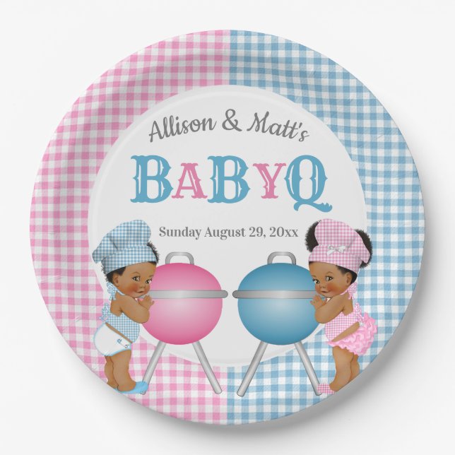 Gender Reveal Pink Blue Gingham Baby Q BBQ Paper Plate (Front)