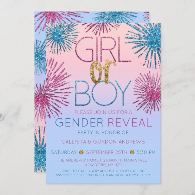 Gender Reveal Pink Blue Glitter Starburst Ombre Invitation (Front/Back)