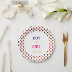 Gender Reveal Pink Blue Hearts Paper Plate
