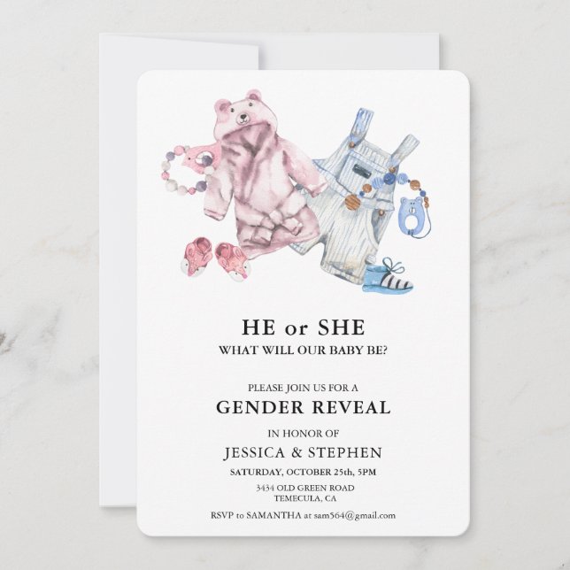 Gender Reveal Pink Blue Watercolor Baby Clothes  Invitation (Front)