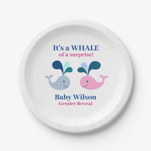 Gender Reveal Pink Blue Whale of a Surprise Paper Plate (Front)