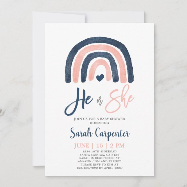Gender Reveal rainbow blue and pink shower Invitation (Front)