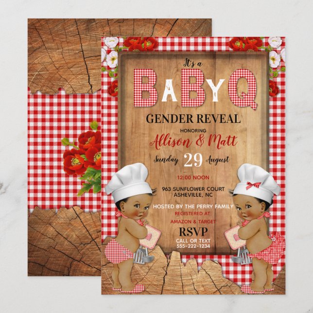 Gender Reveal Red Gingham Wood Baby Q Barbecue Invitation (Front/Back)