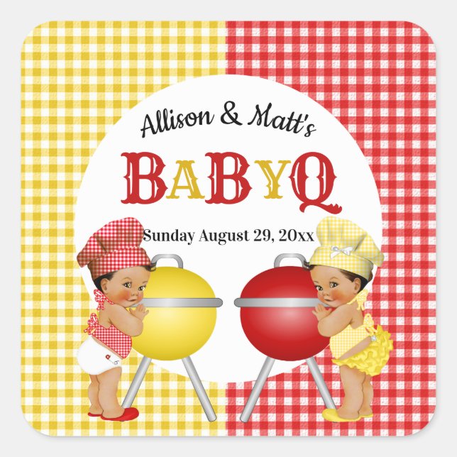 Gender Reveal Red Yellow Gingham Baby Q BBQ Square Sticker (Front)