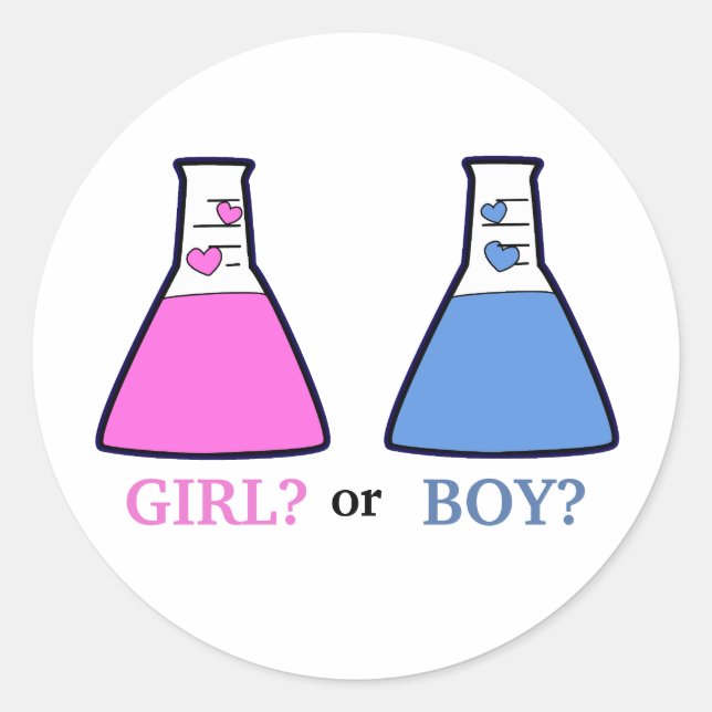 Gender Reveal Science Beaker with Hearts Baby Classic Round Sticker (Front)