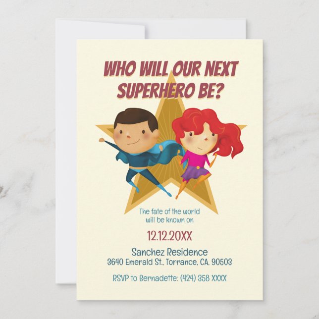 Gender Reveal Superhero Cute Blue Pink Yellow Invitation (Front)