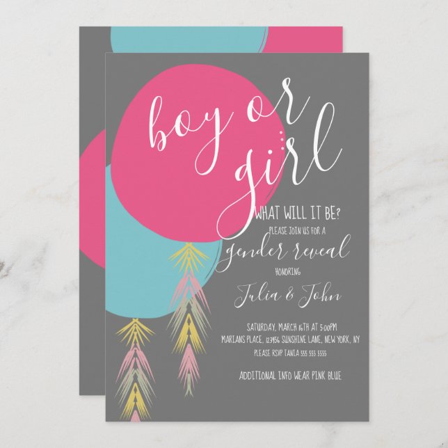 Gender Reveal Tassel Boho Balloon  Invitation (Front/Back)