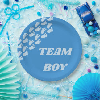 Gender Reveal Team Boy Girl Footprint Design Paper Plate