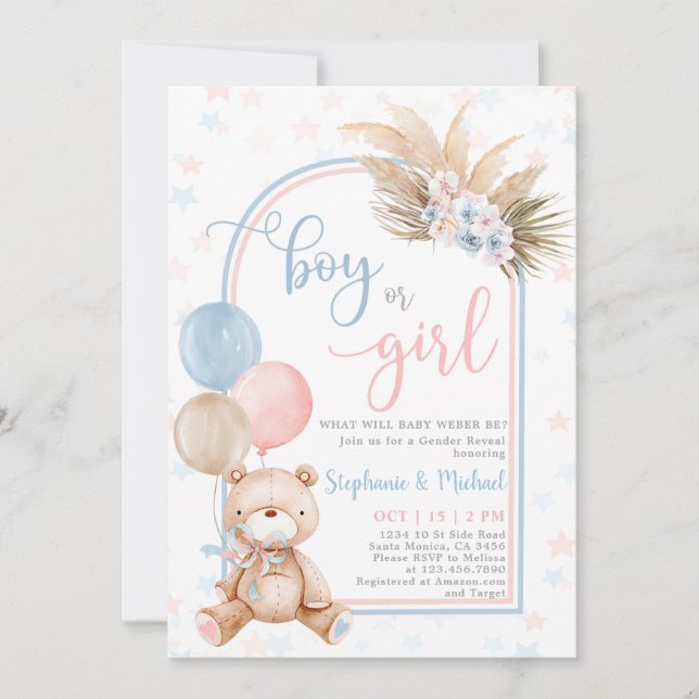 Gender Reveal Teddy Bear Balloons Invitation (Front)
