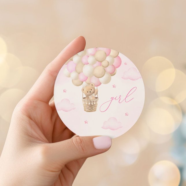 Gender Reveal Teddy Bear Pink Girl Classic Round Sticker (Creator Uploaded)