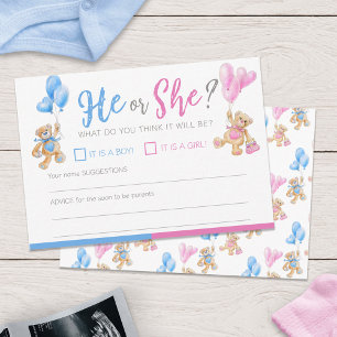 Gender reveal teddy bear themed he or she game enclosure card