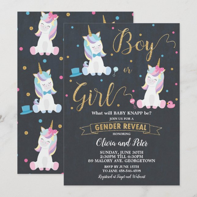Gender Reveal Unicorn Boy or Girl Gender Reveal Invitation (Front/Back)