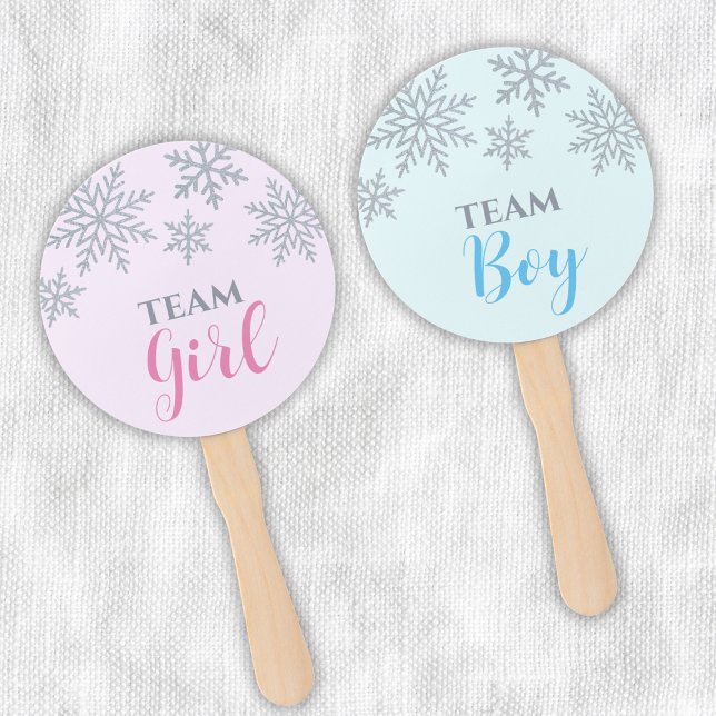 Gender Reveal Voting Winter Snowflake Boy Or Girl Hand Fan (team girl team boy gender reveal vote winter snowflake pink or blue)