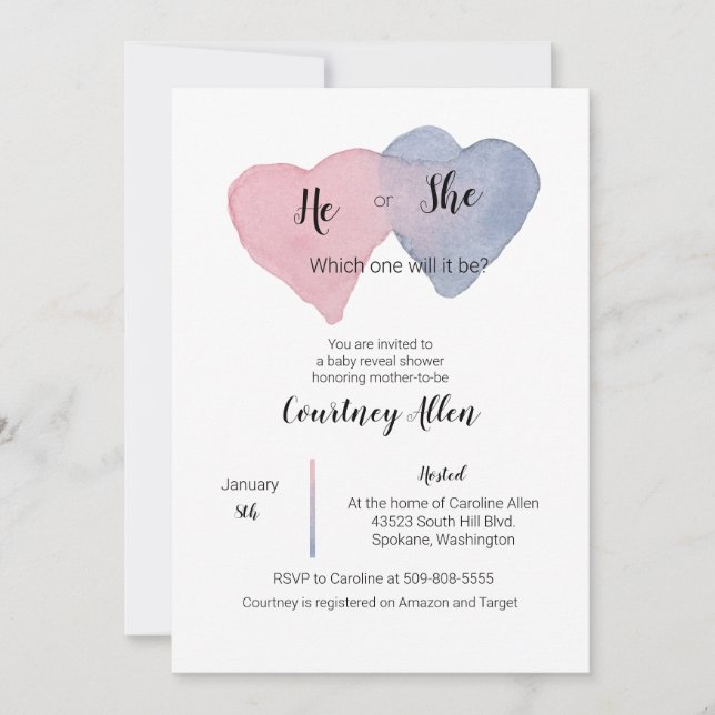 Gender Reveal Watercolor Heart Baby Shower Invite (Front)