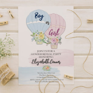 Gender Reveal Watercolor Hot Baloons Invitation