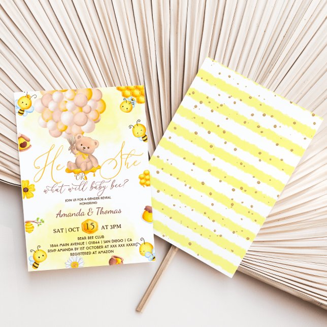 Gender Reveal What Will Bee Teddy Bear Balloons  Invitation (Creator Uploaded)