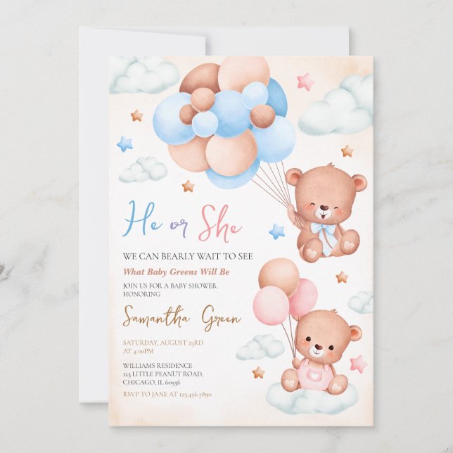 Gender Revel Bear Baby Shower Invitation (Front)