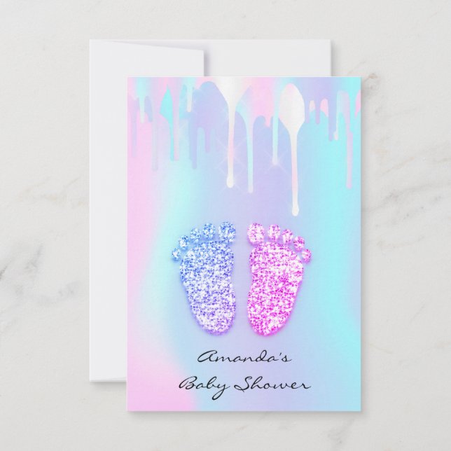 Gender Revival Baby Shower Feet Holographic Drips Invitation (Back)