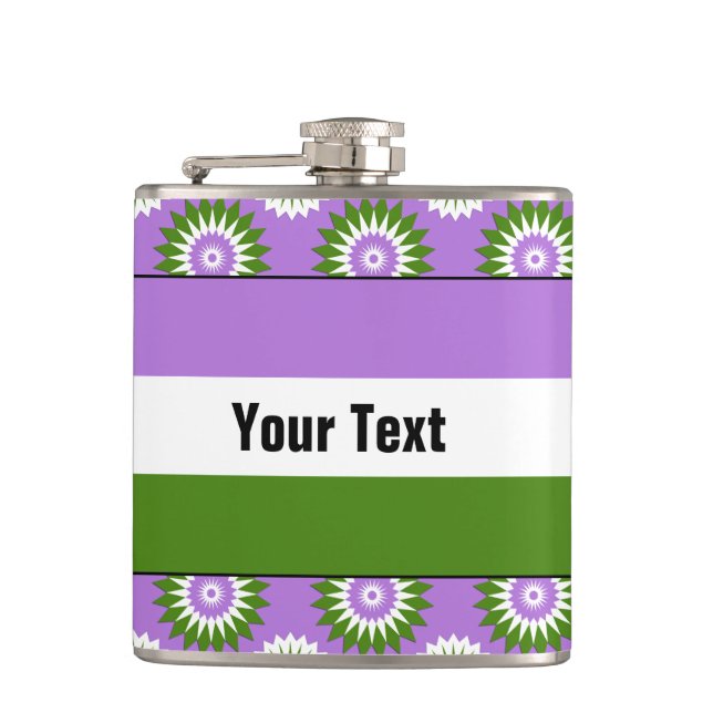 Genderqueer pride flag with a green flower pattern hip flask (Front)